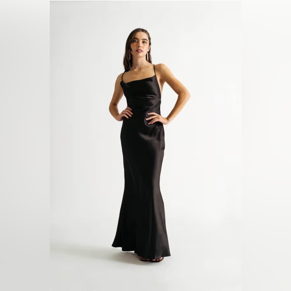Ambitious Black Satin Cowl Neck Chain Maxi Slip Dress